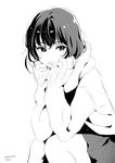  bangs blush chin_rest dated greyscale hand_on_own_chin knees_together_feet_apart messy_hair monochrome morikura_en original short_hair simple_background sitting sketch skirt sleeves_past_wrists solo sweater white_background 