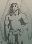  2016 anthro clothed clothing digital_media_(artwork) equine feathered_wings feathers front_view hair hand_in_pocket hi_res long_hair looking_at_viewer male mammal monochrome muscular muscular_male pants pegasus portrait rov shirt signature simple_background solo standing three-quarter_portrait wings 