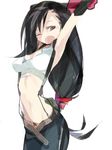  1girl :o amiami armpits arms_up belt female final_fantasy final_fantasy_vii gloves long_hair low-tied_long_hair midriff one_eye_closed open_mouth simple_background solo suspenders tifa_lockhart unbuckled unzipped white_background yawning 
