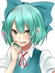  aqua_hair blue_bow blue_dress blush bow cirno commentary_request dress fang green_eyes hair_bow heart looking_at_viewer neck_ribbon onineko-chan parted_lips puffy_short_sleeves puffy_sleeves red_ribbon ribbon scratching_cheek short_hair short_sleeves smile solo touhou upper_body white_background 