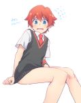  1boy blue_eyes blush bottomless flying_sweatdrops hibiki_yuuta inuzumi knees_together_feet_apart male_focus necktie open_mouth red_hair red_neckwear short_sleeves simple_background sitting solo ssss.gridman sweater_vest white_background wristband 