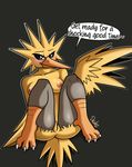  2016 absurd_res anthro areola black_background blush breasts dialogue drako1997 english_text female hi_res legendary_pok&eacute;mon looking_at_viewer nintendo nipples pok&eacute;mon pok&eacute;mon_go pussy simple_background solo talons team_instinct text video_games wings zapdos 