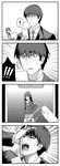  1boy 2girls 4koma business_card cardigan cellphone comic formal gameplay_mechanics greyscale highres idolmaster idolmaster_cinderella_girls long_hair monochrome multiple_girls necktie open_mouth parody phone pokemon pokemon_go producer_(idolmaster_cinderella_girls_anime) rejection school_uniform senkawa_chihiro shibuya_rin short_hair sin_moriyama smartphone spoken_exclamation_mark suit 