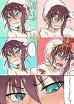  1girl angry blush breasts clenched_teeth comic covered_penis ear_blush eyes flying_sweatdrops full-face_blush green_eyes hair_between_eyes imura_(shiro_maru) looking_to_the_side no_nose nude open_mouth original shiro_maru small_breasts surprised teeth towel towel_on_head tsundere 