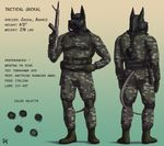  2016 5_fingers anthro anubian_jackal assault_rifle black_eyes boots camo canine clothed clothing digital_media_(artwork) english_text footwear furgonomics gas_mask gloves gun hand_on_hip holding_object holding_weapon jackal knee_pads looking_at_viewer male mammal mask military model_sheet ranged_weapon rifle rov rubber signature simple_background soldier solo standing tactical_jackal tail_clothing text uniform utility_belt weapon 