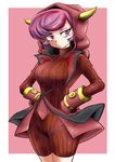  breasts fake_horns gloves highres hood hoodie horned_headwear kagari_(pokemon) looking_at_viewer medium_breasts pokemon pokemon_(game) pokemon_oras purple_eyes purple_hair ribbed_sweater short_hair solo sweater team_magma tmr uniform 