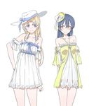  ayase_eli bare_shoulders blonde_hair blue_eyes blue_hair blush collarbone contrapposto dress hair_between_eyes hair_down hand_on_hip hat highres long_hair love_live! love_live!_school_idol_project multiple_girls short_dress simple_background smile sonoda_umi standing sun_hat white_background white_dress yellow_dress yellow_eyes yohan1754 
