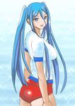  aoki_hagane_no_arpeggio blue_eyes blue_hair gym_shirt hair_between_eyes kswazza long_hair mole mole_under_mouth shirt short_shorts shorts solo standing takao_(aoki_hagane_no_arpeggio) twintails 