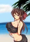  ahoge alternate_costume bare_shoulders beach bikini black_bikini bow breasts brown_eyes brown_hair cleavage cloud collarbone commentary_request day from_side fujikusa groin hair_bow hair_ornament hairclip huge_breasts kantai_collection layered_bikini light_smile long_hair looking_at_viewer mamiya_(kantai_collection) navel ocean outdoors red_bow sky solo swimsuit underboob upper_body 