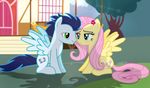  2016 absurd_res blue_hair blush building cutie_mark duo equine eye_contact feathered_wings feathers female feral fluttershy_(mlp) friendship_is_magic fur grass green_eyes grey_feathers grey_fur hair hi_res house male mammal my_little_pony outside pegasus pink_hair shadow shutterflyeqd smile soarin_(mlp) spread_wings tree wings wonderbolts_(mlp) yellow_feathers yellow_fur 