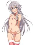  ahoge arms_behind_back bad_id bad_twitter_id bikini blush braid chikuishi grey_eyes hoshi_shouko idolmaster idolmaster_cinderella_girls long_hair micro_bikini navel open_mouth pink_legwear side-tie_bikini silver_hair single_braid skindentation solo string_bikini sweatdrop swimsuit thighhighs very_long_hair 