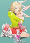  1girl :t aqua_background blonde_hair blue_eyes button_eyes flat_chest frilled_skirt frills frown green_hoodie hair_ornament hairclip headphones headphones_around_neck highres holding holding_stuffed_animal hood hoodie hug kagamine_rin kneeling looking_at_viewer looking_back melancholic_(vocaloid) melancholy_(module) pink_footwear pink_skirt pink_stuffed_animal pout project_diva_(series) puffy_cheeks sawashi_(ur-sawasi) shoes short_hair simple_background skirt sneakers solo stuffed_animal stuffed_bunny stuffed_toy turning_head vocaloid 