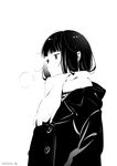  bangs blunt_bangs blush breath buttons closed_mouth coat dated expressionless greyscale jacket monochrome morikura_en scarf short_hair signature simple_background solo steam upper_body white_background winter_clothes winter_coat 