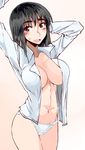  arms_up black_eyes black_hair blush breasts cleavage cosaten cowboy_shot highres large_breasts looking_at_viewer navel open_clothes open_mouth open_shirt panties school_rumble shirt simple_background solo suou_mikoto sweatdrop thighs underwear white_panties 