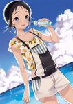  :d arm_at_side arm_up bad_id bad_pixiv_id bare_shoulders belt black_hair blue_eyes blue_sky blush bottle buckle cloud collarbone cowboy_shot day dutch_angle earrings food food_print fruit glint holding holding_bottle horizon jewelry lemon looking_at_viewer male_focus multiple_earrings off_shoulder open_mouth original otoko_no_ko outdoors ramune sakiyo_cake short_hair short_sleeves shorts sky smile solo standing suspenders thighs water_bottle white_shorts 