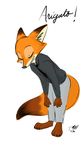  2016 3_toes 4_fingers anthro bowing brown_fur canine clothing dipstick_tail disney dress_shirt eyes_closed fox fur male mammal multicolored_tail necktie nick_wilde orange_fur shirt taylorillustrated text toes white_eye zootopia 