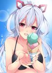  :d ahoge bare_shoulders black_bikini_top blush breasts cleavage collarbone eyebrows eyebrows_visible_through_hair food hair_between_eyes head_tilt holding holding_food ice_cream_cone large_breasts long_hair looking_at_viewer matoi_(pso2) milkpanda open_mouth phantasy_star phantasy_star_online_2 red_eyes silver_hair smile solo twintails upper_body 