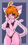  2016 9air anthro breasts cat clothed clothing feline female fur hair looking_at_viewer mammal pink_eyes simple_background smile solo 