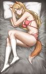  animal_ears ayase_eli blonde_hair blue_eyes blush bra breasts cleavage fox_ears fox_tail full_body hair_down highres kneehighs long_hair looking_at_viewer love_live! love_live!_school_idol_project lying medium_breasts on_bed on_side panties red_bra red_panties smile solo tail underwear underwear_only white_legwear yohan1754 