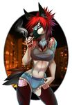  5_fingers anthro blue_eyes breasts canine chest_tuft clothed clothing ear_piercing eyelashes female hair looking_at_viewer mammal midriff navel piercing pink_nose red_hair shorts smoke smoking solo sorafoxyteils standing tuft wide_hips 