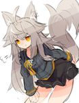  =3 ahoge animal_ears black_shirt black_skirt bow doyagao fang hand_on_own_thigh long_hair long_sleeves looking_at_viewer miniskirt nigatsu_(samui_nigatsu) shirt silver_hair simple_background skirt solo tail white_background yellow_bow yellow_eyes 