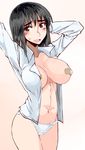  arms_up bandaid black_eyes black_hair blush breasts cosaten cowboy_shot highres large_breasts looking_at_viewer navel nipples open_clothes open_mouth open_shirt panties school_rumble shirt simple_background solo suou_mikoto sweatdrop thighs underwear white_panties 