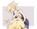  ^_^ artist_name bad_id bad_twitter_id bare_shoulders beard blonde_hair blush braided_beard braiding_hair closed_eyes collarbone eyepatch facial_hair hairdressing hand_on_another's_shoulder highres mercy_(overwatch) mustache open_mouth overwatch pants panza pauldrons ponytail shoulder_pads smile sweatdrop tank_top torbjorn_(overwatch) 