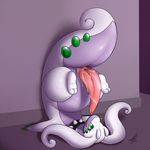  2016 blush collar cum dragon erection feral gastropod goo goodra green_eyes hi_res invalid_tag looking_at_viewer male nintendo nude penis pok&eacute;mon precum presenting scalie shikaro signature simple_background slime slug smile solo spiked_collar spikes spreading upside_down video_games 