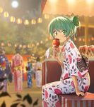  blurry candy_apple depth_of_field domo1220 festival food food_stand green_eyes green_hair hair_bun hair_up hatsune_miku japanese_clothes kimono lantern looking_at_viewer multiple_girls paper_lantern short_hair sitting summer_festival vocaloid yukata 