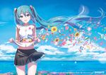  aqua_eyes aqua_hair bangs beamed_eighth_notes black_skirt blue_sky cloud cowboy_shot day eighth_note field floating_hair flower flower_field hair_between_eyes hatsune_miku head_tilt horizon leaf long_hair looking_at_viewer midriff miniskirt musical_note ocean outdoors pemu petals petticoat piapro pleated_skirt shirt shirt_basket short_sleeves skirt sky solo sunflower sunlight treble_clef twintails very_long_hair vocaloid water watermark web_address white_shirt wind 