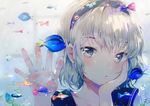  against_glass blush closed_mouth dangmill face fish fish_tank glass hairband hand_on_own_cheek hands indoors original school_uniform serafuku short_hair silver_eyes silver_hair solo upper_body water 