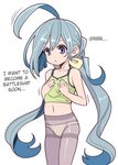  1girl ahoge bare_shoulders blue_eyes blue_hair camisole collarbone commentary_request flat_chest hair_bun hair_ribbon hanauna hands_on_own_chest hard_translated huge_ahoge kantai_collection kiyoshimo_(kantai_collection) long_hair low_twintails multicolored_hair navel panties panties_under_pantyhose pantyhose purple_legwear ribbon solo strap_slip translated twintails underwear very_long_hair 