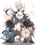  asashimo_(kantai_collection) boots bow carrying clenched_hands crossover dress_shirt gen_1_pokemon gen_4_pokemon gen_6_pokemon jiino kantai_collection long_hair mankey on_shoulder pangoro pantyhose pokemon pokemon_(creature) purple_legwear riolu shirt shoulder_carry uniform veins white_hair 