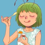 :q alternate_costume antennae blue_background closed_eyes eating eyebrows eyebrows_visible_through_hair green_hair holding holding_spoon licking_lips onikobe_rin simple_background sleeveless smile solo spoon tongue tongue_out touhou wriggle_nightbug 