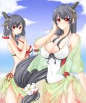  &gt;:( bare_shoulders beach bikini black_hair blue_sky blurry breasts cleavage cloud cloudy_sky commentary_request covered_navel day depth_of_field flower frown fusou_(kantai_collection) hair_flower hair_ornament kantai_collection kuon_(nokokopopo) large_breasts long_hair mouth_hold multiple_girls navel ocean red_eyes short_hair sky swimsuit v-shaped_eyebrows yamashiro_(kantai_collection) 