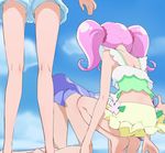  all_fours asahina_mirai bikini blue_sky cloud day from_behind hanami_kotoha haruyama_kazunori izayoi_liko mahou_girls_precure! midriff multiple_girls pink_hair precure short_hair sky squatting swimsuit twintails 