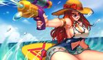  armlet armpits bangs bare_shoulders bow bracelet breasts brown_eyes cleavage_cutout cowboy_shot day earrings eyelashes finger_on_trigger firing gun hat hat_ribbon heart heart-shaped_eyewear highres holding holding_gun holding_weapon hoop_earrings jewelry large_breasts league_of_legends long_hair looking_at_viewer motion_blur navel navel_cutout necklace ocean one-piece_swimsuit orange_hair outdoors outstretched_arm pd_(pdpdlv1) pendant pool_party_miss_fortune red_bow red_hair red_lips red_ribbon ribbon ring_necklace sarah_fortune see-through shade sideboob solo splashing sunglasses surfboard swimsuit water water_gun weapon 