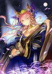  animal_ears bow breasts cleavage detached_sleeves fate/extra fate/grand_order fate_(series) fox_ears full_moon hair_bow hair_ribbon highres instrument japanese_clothes large_breasts moon pink_hair ribbon shamisen solo tamamo_(fate)_(all) tamamo_no_mae_(fate) yellow_eyes yinzhang 