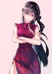  black_hair blue_eyes braid china_dress chinese_clothes crossed_arms dress highres long_hair original simple_background sketch smile_(qd4nsvik) solo 