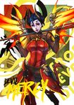  absurdres alternate_costume alternate_hair_color black_hair demon_girl devil_mercy highres horns looking_at_viewer mechanical_wings mercy_(overwatch) monori_rogue open_mouth orange_wings over_shoulder overwatch solo staff weapon weapon_over_shoulder wings 
