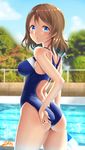  adjusting_clothes adjusting_swimsuit artist_name ass blue_eyes blush breasts brown_hair competition_swimsuit eyebrows eyebrows_visible_through_hair from_behind highres large_breasts looking_at_viewer looking_back love_live! love_live!_sunshine!! one-piece_swimsuit pool short_hair solo swimsuit watanabe_you zukky 