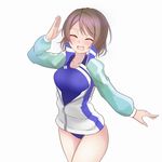  :d ^_^ breasts brown_hair closed_eyes competition_swimsuit hair_ornament jacket kototsuki love_live! love_live!_sunshine!! medium_breasts one-piece_swimsuit open_mouth salute school_swimsuit short_hair smile solo swimsuit track_jacket watanabe_you 