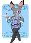  2016 alcohol alpha_channel anthro armpits beverage blush bow_tie clothing crossed_legs disney female fur grey_fur hand_on_hip hi_res holding_object judy_hopps lagomorph legwear long_ears looking_at_viewer mammal one_eye_closed open_mouth open_smile platter purple_eyes simple_background smile solo stockings teeth tight_clothing transparent_background wink zootopia zzvinniezz 