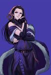  bare_shoulders black_hair detached_collar dress fur_trim grin hair_slicked_back liliana_vess magic:_the_gathering purple_eyes smile solo washi_no_tosaka 