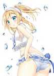  adjusting_clothes adjusting_swimsuit artist_request ass ayase_eli bikini blonde_hair blue_eyes blush crop_top frilled_bikini frills from_behind long_hair looking_at_viewer looking_back love_live! love_live!_school_idol_project natsuiro_egao_de_1_2_jump! open_mouth ponytail simple_background solo swimsuit water_drop white_background 