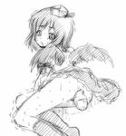  1girl ahashi anal_insertion anal_prolapse anus arm_support ass back egg egg_laying hat insertion looking_at_viewer looking_back monochrome no_panties object_insertion petite prolapse saliva shameimaru_aya short_hair skirt skirt_lift sweat tears touhou uncensored wings 