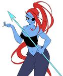  casual cigarette clothing eye_patch eyewear female fin hair midriff navel red_hair shirt simple_background unbuttoned undertale undyne video_games 