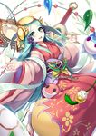  amaterasu_(p&amp;d) aqua_hair bad_id bad_pixiv_id barefoot blush commentary_request green_eyes headgear highres japanese_clothes jewelry kimono long_hair long_sleeves looking_at_viewer open_mouth puzzle_&amp;_dragons sash smile solo sword tamadra very_long_hair weapon wide_sleeves zeroshiki_kouichi 