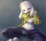  asriel_dreemurr bulge clothed clothing clothing_lift drooling fur male navel nurinaki open_mouth saliva shirt shirt_lift simple_background solo undertale video_games white_fur 