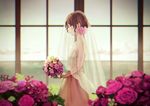  bare_shoulders blurry bouquet bridal_veil brown_eyes brown_hair depth_of_field dress elbow_gloves facing_away flower from_side gloves hands_together highres holding lips original short_hair smile solo strapless strapless_dress veil wedding_dress white_dress white_gloves window yuuji_(yujikazakiri) 